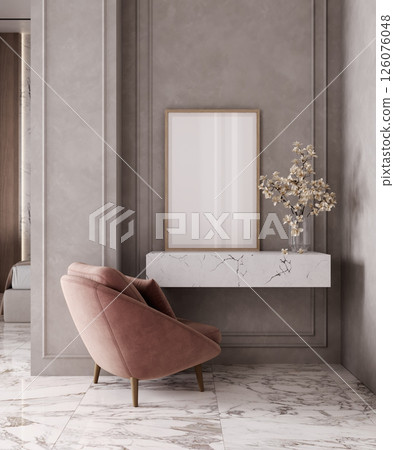 Poster frame mockup in luxury bedroom interior with flowers and pink chair, 3d render 126076048