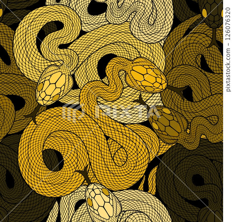 Seamless graphic wallpaper with snakes. Endless linear ornament with reptiles. 126076320