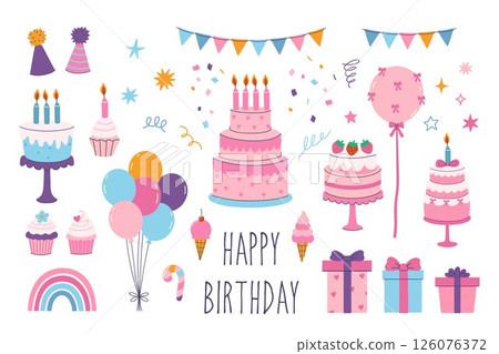 Set of birthday celebration graphics on white background. Vector graphics. Set of birthday celebration graphics on white background. Vector graphics. 126076372