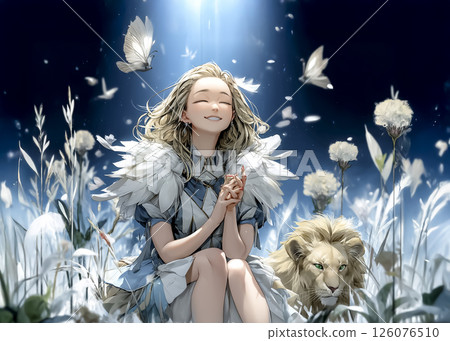 微笑的獅子仙子和小鳥玩耍的插圖素材 微笑的獅子仙子和小鳥玩耍的插圖素材 126076510