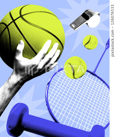Conceptual art collage. Blue dumbbell, basketball, hand, whistle and tennis gear in minimalist bold layout. Pop art style. Textured effect. 126076533