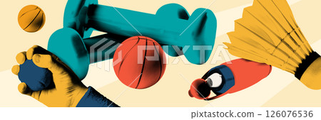 Banner. Conceptual art collage. Dumbbells, basketball, bottles and hand grip in dynamic surreal setup with soft background. Pop art style. Textured effect Banner. Conceptual art collage. Dumbbells, basketball, bottles and hand grip in dynamic surreal setup with soft background. Pop art style. Textured effect 126076536