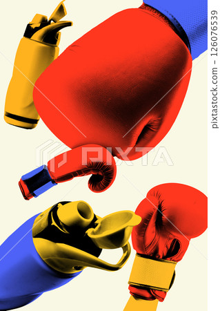 Poster. Bold modern artwork. Red boxing gloves with colored water bottles against soft background. Textured effect. Pop art style. Poster. Bold modern artwork. Red boxing gloves with colored water bottles against soft background. Textured effect. Pop art style. 126076539
