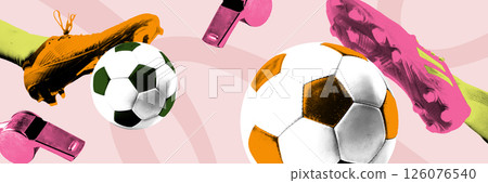 Banner. Conceptual art collage. Soccer cleats, footballs and pink whistles against soft background Banner. Conceptual art collage. Soccer cleats, footballs and pink whistles against soft background 126076540