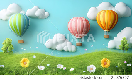 colorful hot air balloons rising over green fields 126076807