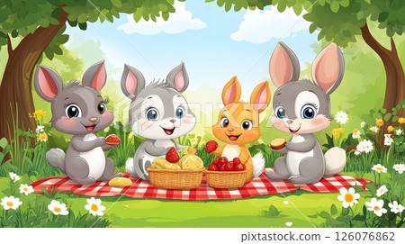 cartoon animals having a picnic on a bright sunny day 126076862