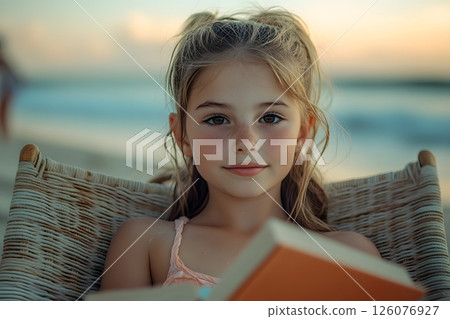 girl reading book on beach chair with ocean breeze, 126076927