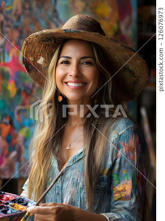 Hispanic artist painting cultural portrait on canvas, studio light, 126076973