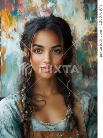 Hispanic artist painting cultural portrait on canvas, studio light, 126076975
