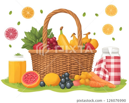 cartoon-style picnic basket with fresh fruits, blankets, and sun 126076990