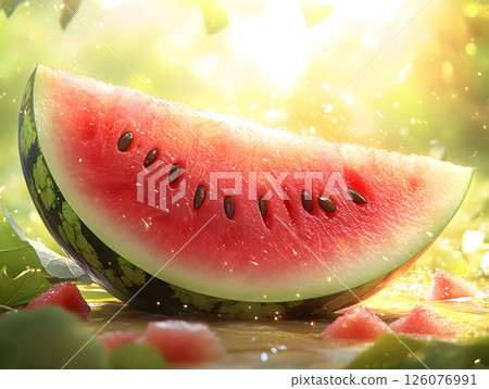 photorealistic close-up of a watermelon slice with seeds and sunlight 126076991