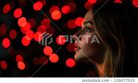 黑色背景上紅光散景的一位美麗白種女人的側面像 126077019