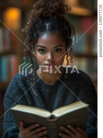 student sitting alone in library reading a thick book, 126077116