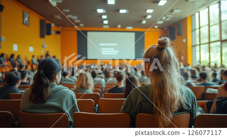 large lecture hall filled with attentive university students, 126077117