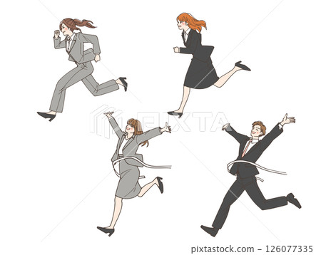 Illustration set of a woman dashing and a man and woman businessmen who are happy to reach the goal, competitive society 126077335