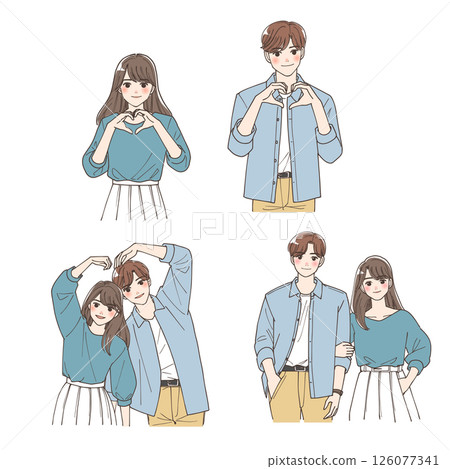 Illustration set of a friendly couple making a heart with their hands or making a heart gesture with their arms Illustration set of a friendly couple making a heart with their hands or making a heart gesture with their arms 126077341