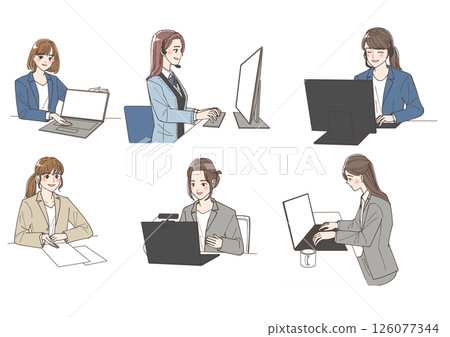 Illustration set of a young female businesswoman working at the site 126077344