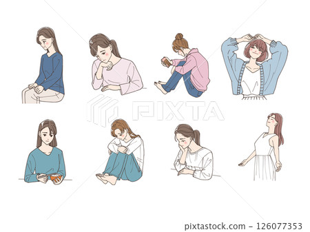 Illustration set of a young woman feeling depressed and a liberated woman 126077353