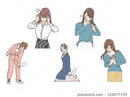 一組感到頭痛等身體疼痛的女性插圖 126077359