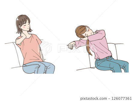 Illustration set of a woman feeling unwell or fatigued Illustration set of a woman feeling unwell or fatigued 126077361