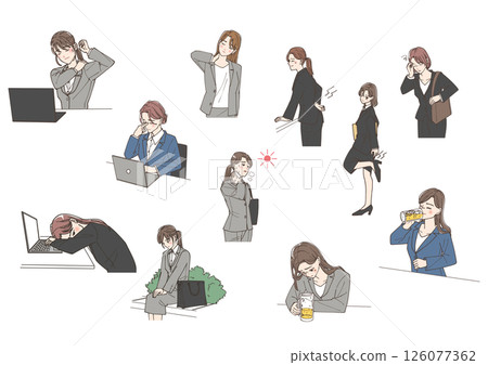 一組儘管感覺不舒服但仍繼續工作的年輕女企業家的插圖 一組儘管感覺不舒服但仍繼續工作的年輕女企業家的插圖 126077362