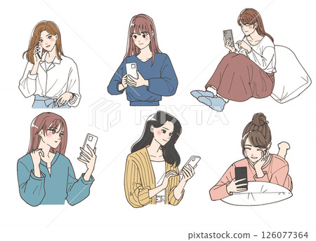 Illustration set of young women operating mobile phones Illustration set of young women operating mobile phones 126077364