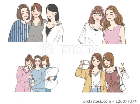 Illustration set of young women enjoying time together Illustration set of young women enjoying time together 126077374