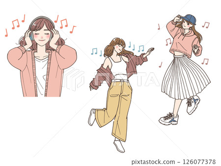 年輕女子騎著音樂的插圖集 126077378