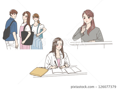Illustration set of young men and women enjoying college life 126077379