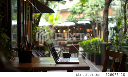 digital nomad in city, laptop, coffee, co-working space, flexible lifestyle, 126077418