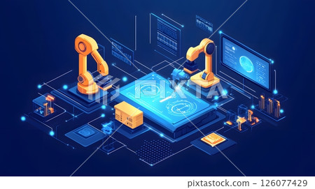 intelligent machines in factory, real-time data processing, AI-driven production, futuristic factory setup, robotic arms, intelligent machines in factory, real-time data processing, AI-driven production, futuristic factory setup, robotic arms, 126077429