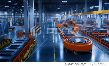 intelligent machines in factory, real-time data processing, AI-driven production, futuristic factory setup, robotic arms, intelligent machines in factory, real-time data processing, AI-driven production, futuristic factory setup, robotic arms, 126077430