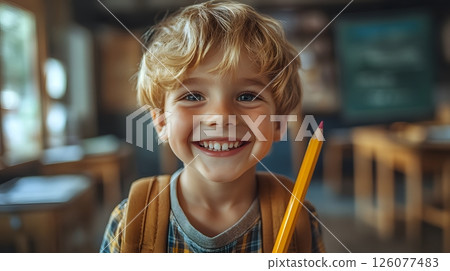 boy holding giant pencil excited for first grade cute portrait 126077483