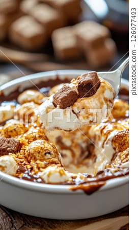Decadent hot chocolate dessert with whipped cream and chocolate cubes in a bowl National Food Month Decadent hot chocolate dessert with whipped cream and chocolate cubes in a bowl National Food Month 126077493