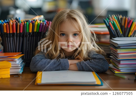 little girl organizing crayons and notebooks at desk excited for learning 126077505