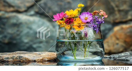 Colorful wildflowers in glass vase against natural stone background 126077517