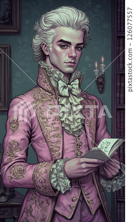 Young caucasian male in ornate 18th century attire holding book 126077557