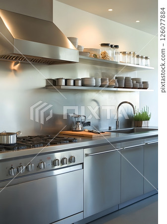 Modern kitchen with stainless steel appliances and open shelving 126077884