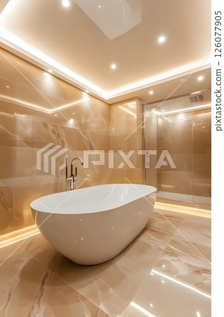 Modern bathroom with luxurious fixtures and large bathtub 126077905