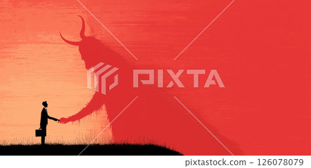Businessman handshake with devil, surreal silhouette red background Businessman handshake with devil, surreal silhouette red background 126078079