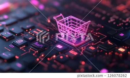 3D isometric illustration of online shopping concept, digital cart icon floating above laptop keyboard, glowing ecommerce icons, business hand typing on laptop, futuristic interface, cyber 126078262