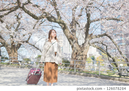 Woman traveling during cherry blossom season Woman traveling during cherry blossom season 126078284