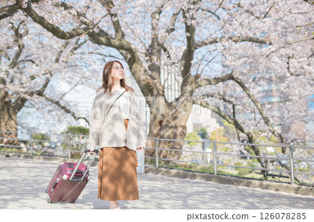 Woman traveling during cherry blossom season Woman traveling during cherry blossom season 126078285