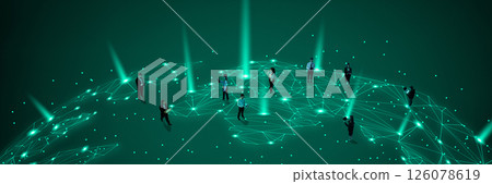 Professionals communicating over digital earth surface with glowing data points symbolizing interconnected world. 126078619