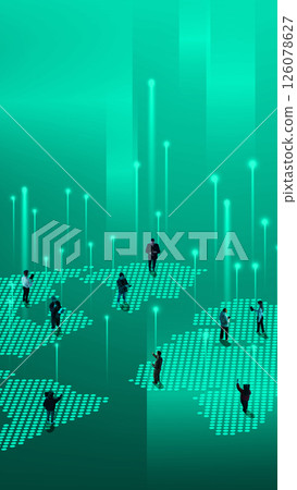 Users located on pixelated world map connected by vertical neon signals reflecting global networking. Users located on pixelated world map connected by vertical neon signals reflecting global networking. 126078627
