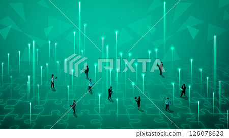 Business users navigating field of light beams and puzzle-shaped connections visualizing data transmission. Business users navigating field of light beams and puzzle-shaped connections visualizing data transmission. 126078628
