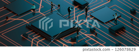 Colleagues network on glowing processor communication grid, circuit symbolizing innovation and digital flow. Colleagues network on glowing processor communication grid, circuit symbolizing innovation and digital flow. 126078629