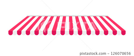 Shop awning. Striped store canopy. Market tent with red and white stripes isolated on white background. Cafe sunshade. Storefront umbrella. Kiosk visor. Vector flat illustration 126078656
