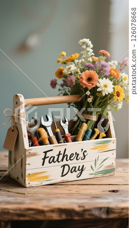 Father's Day toolbox filled with tools and flowers on a wooden table symbolizing appreciation and celebration, presented in a charming and rustic style 8K 126078668
