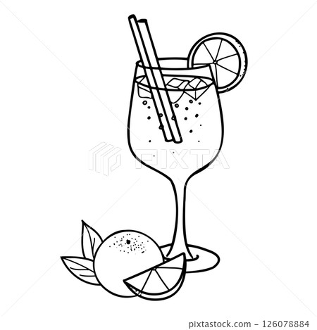 Aperol Spritz Cocktail composition. Hand drawn Vector illustration of alcohol drink with orange fruit and slice and ice in Doodle style. For cocktail bar menu, logo or drink summer party Invitations. 126078884